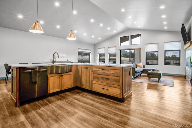 kitchen with sink, black dishwasher, light wood-type flooring, decorative light fixtures, and a kitchen island with sink