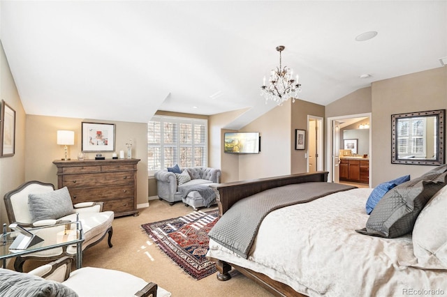 bedroom featuring baseboards, vaulted ceiling, a notable chandelier, and light colored carpet