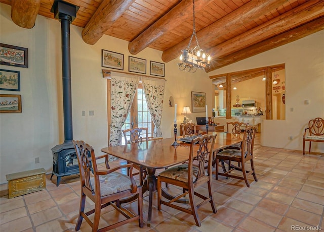 dining area with wood ceiling, vaulted ceiling with beams, a chandelier, and a wood stove