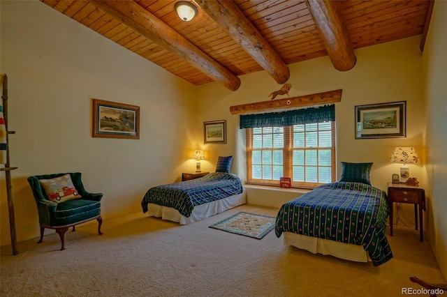 carpeted bedroom featuring wood ceiling and beamed ceiling