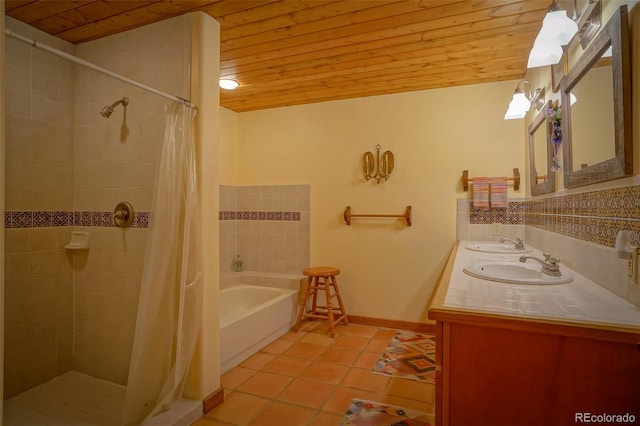 bathroom featuring tile patterned flooring, vanity, independent shower and bath, and wood ceiling