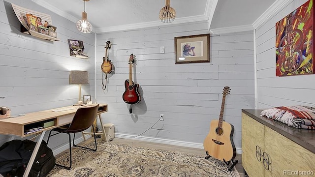 12020 W Alabama Pl, Lakewood, CO 80228 - office featuring crown molding and wooden walls