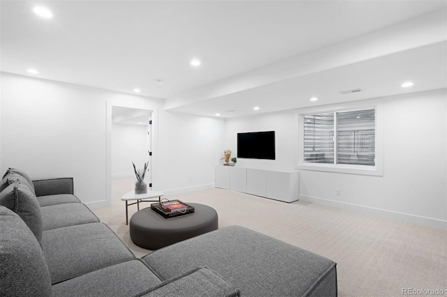 living room featuring carpet flooring, recessed lighting, visible vents, and baseboards