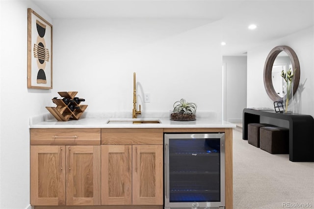 bar with carpet floors, recessed lighting, a sink, indoor wet bar, and wine cooler