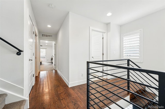 3941 Vallejo St, Denver, CO 80211 - corridor with an upstairs landing, baseboards, wood finished floors, and recessed lighting