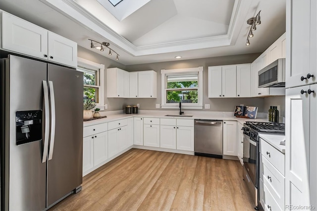 1895 S Emerson St, Denver, CO 80210 - kitchen with stainless steel appliances, healthy amount of natural light, light wood-style floors, white cabinetry, and ornamental molding