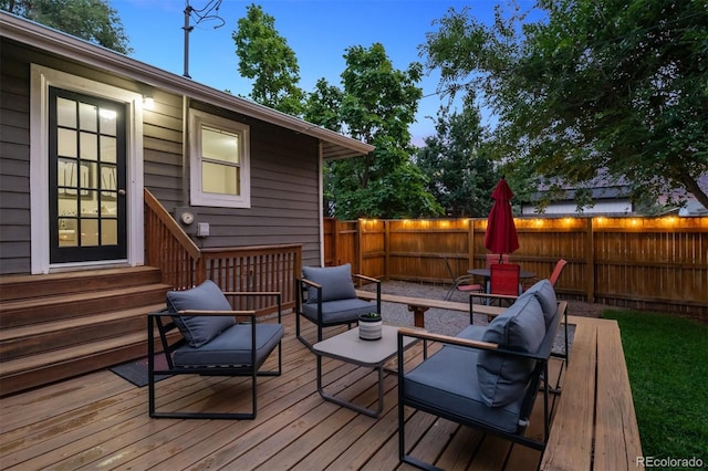 1895 S Emerson St, Denver, CO 80210 - wooden deck with a fenced backyard, an outdoor living space, and entry steps
