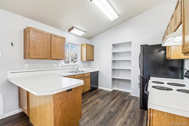 kitchen featuring dishwasher, lofted ceiling, sink, dark hardwood / wood-style flooring, and kitchen peninsula