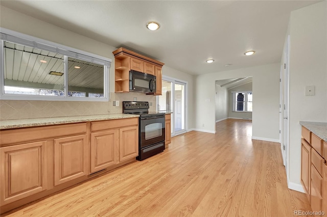 7240 S Cherry Dr, Centennial, CO 80122 - kitchen featuring open shelves, baseboards, light wood-style floors, black appliances, and tasteful backsplash
