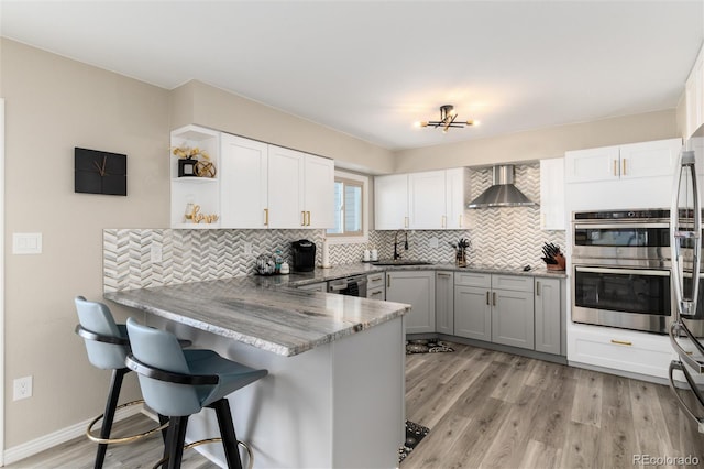 kitchen with backsplash, stainless steel appliances, kitchen peninsula, wall chimney exhaust hood, and light wood-type flooring