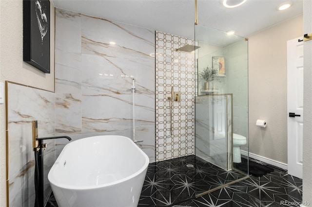 bathroom featuring independent shower and bath, tile walls, and toilet