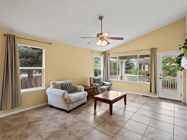 386 Monte Vista St, Brighton, CO 80601 - living area with vaulted ceiling, a ceiling fan, and light tile patterned flooring