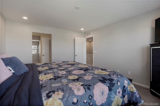 bedroom with carpet, visible vents, baseboards, and recessed lighting