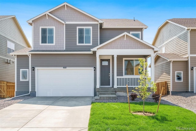 craftsman-style home with a porch, a front yard, and a garage