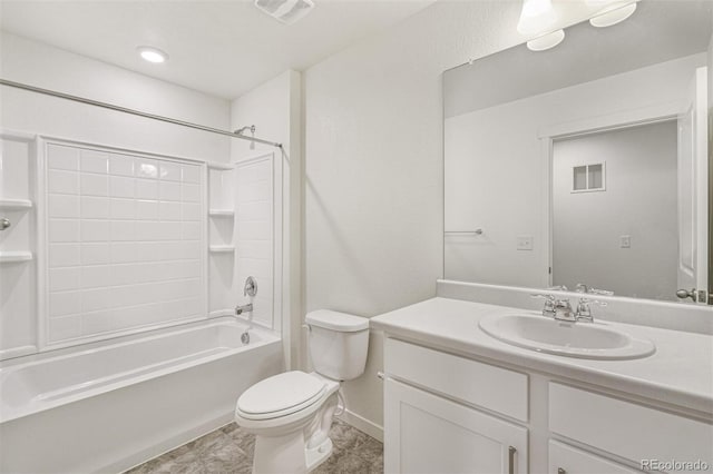 full bathroom featuring shower / washtub combination, vanity, and toilet