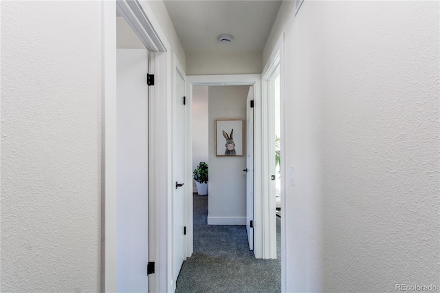 hall with a textured wall, carpet, and baseboards