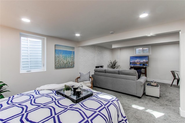 bedroom with carpet, baseboards, and recessed lighting