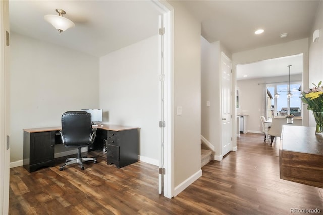 office area with recessed lighting, baseboards, and dark wood finished floors