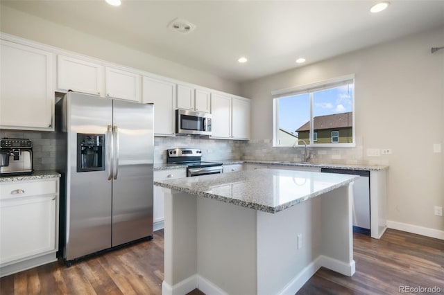 kitchen featuring backsplash, white cabinetry, appliances with stainless steel finishes, and a sink