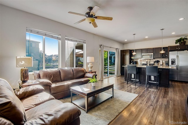 living room with ceiling fan and dark hardwood / wood-style flooring