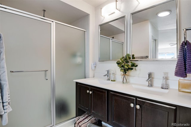 bathroom with vanity and a shower with shower door