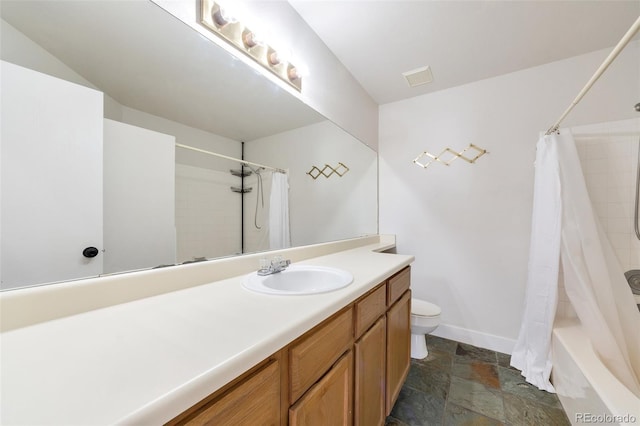 full bathroom with shower / bath combination with curtain, toilet, and vanity