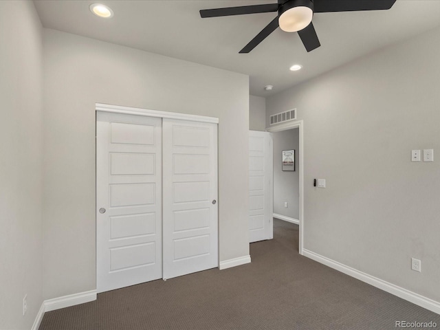 1819 Gaylord St, Denver, CO 80206 - unfurnished bedroom with dark colored carpet, a closet, recessed lighting, and a ceiling fan
