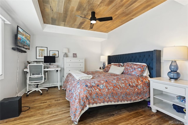 bedroom featuring hardwood / wood-style flooring, ceiling fan, a raised ceiling, and wood ceiling