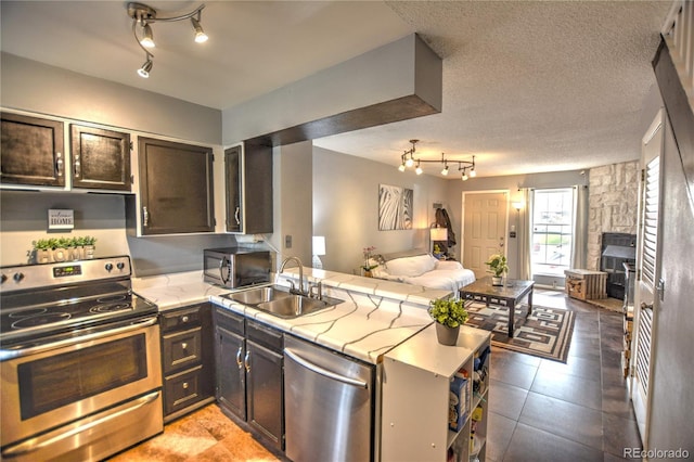 3643 Queen Anne Way, Colorado Springs, CO 80917 - kitchen with appliances with stainless steel finishes, open floor plan, a peninsula, rail lighting, and dark brown cabinets