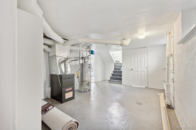 basement with heating unit and water heater