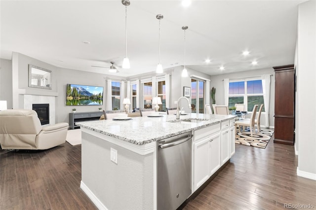 18922 W 84th Ave, Arvada, CO 80007 - kitchen featuring a sink, a glass covered fireplace, dishwasher, and open floor plan