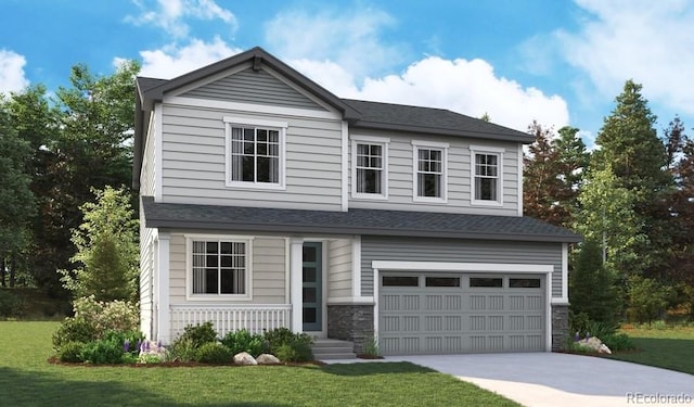 view of front of home featuring an attached garage, stone siding, concrete driveway, and a front yard