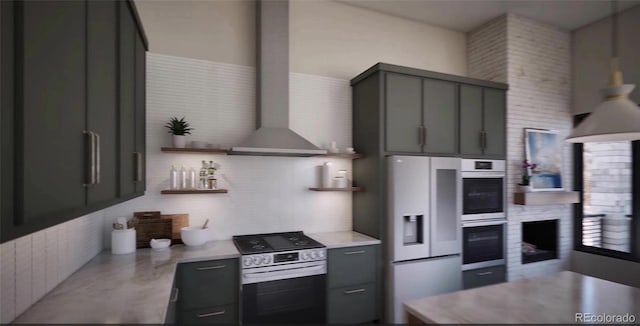 kitchen featuring stainless steel double oven, white refrigerator with ice dispenser, wall chimney range hood, range with electric stovetop, and decorative backsplash