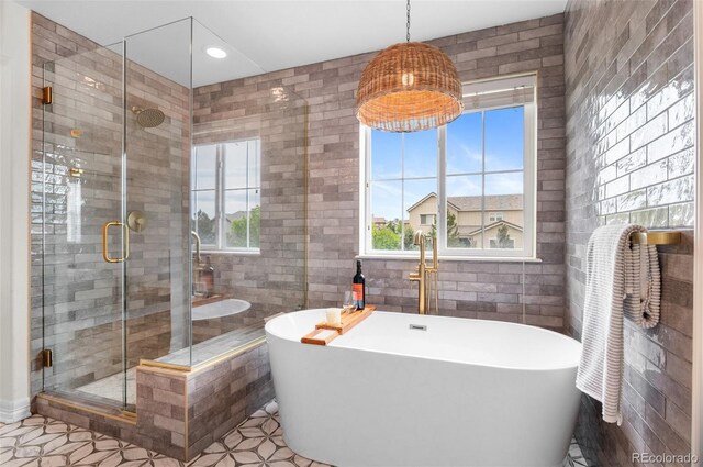 10546 Sundial Rim Rd, Highlands Ranch, CO 80126 - full bathroom featuring tile walls, a freestanding bath, and a shower stall
