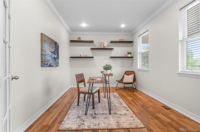 10546 Sundial Rim Rd, Highlands Ranch, CO 80126 - sitting room featuring ornamental molding, plenty of natural light, light wood-style floors, baseboards, and recessed lighting