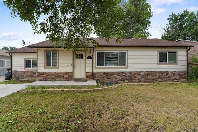 4972 W Custer Pl, Denver, CO 80219 - ranch-style home featuring stone siding, a front yard, and a shingled roof