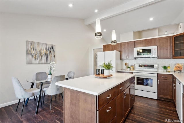 kitchen with tasteful backsplash, vaulted ceiling with beams, dark hardwood / wood-style floors, pendant lighting, and white appliances