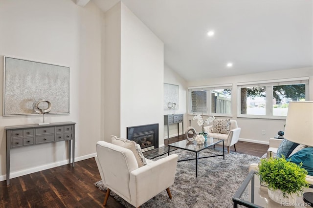 living room featuring dark hardwood / wood-style flooring and high vaulted ceiling