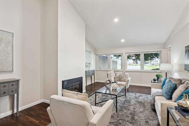 living room with high vaulted ceiling and dark wood-type flooring