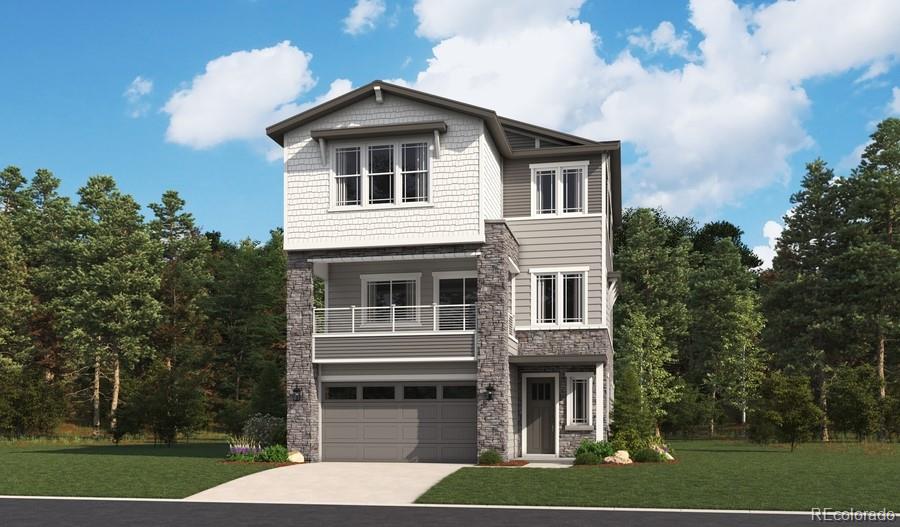 view of front of house with driveway, a balcony, stone siding, and a front lawn