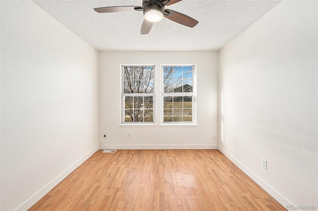 unfurnished room featuring ceiling fan, a textured ceiling, and light wood-type flooring