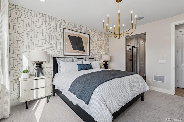 17146 W 92nd Loop, Arvada, CO 80007 - carpeted bedroom with a chandelier, baseboards, wallpapered walls, and an accent wall