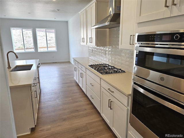 17146 W 92nd Loop, Arvada, CO 80007 - kitchen featuring a sink, wall chimney range hood, stainless steel appliances, backsplash, and light countertops