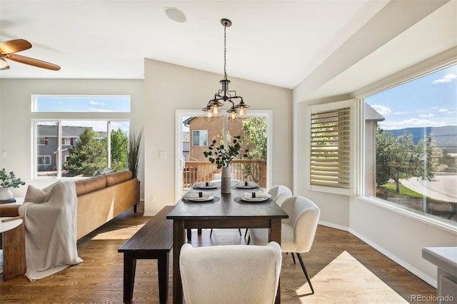 dining space with plenty of natural light, a chandelier, a ceiling fan, wood finished floors, and vaulted ceiling
