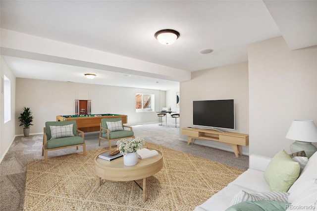 carpeted living room with pool table and baseboards