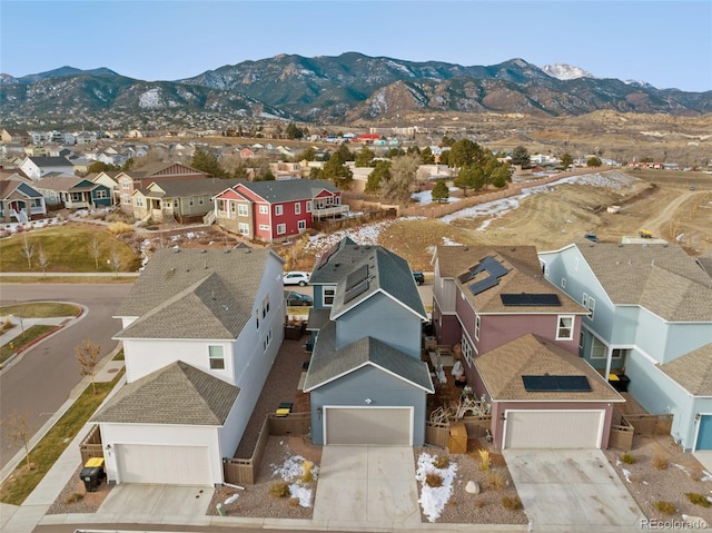 drone / aerial view featuring a mountain view