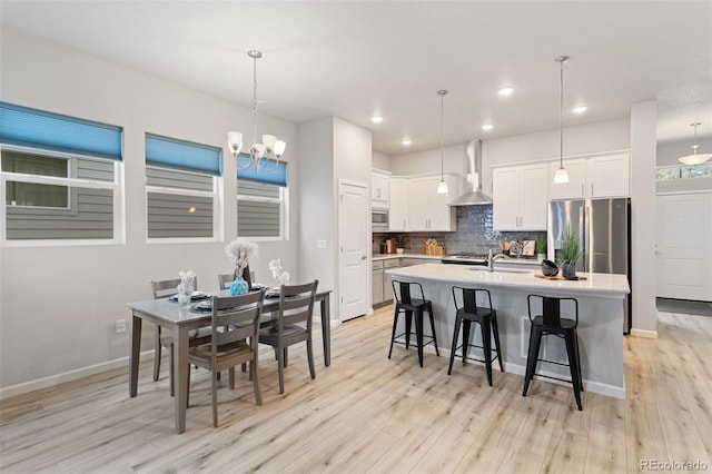 kitchen with wall chimney exhaust hood, white cabinetry, appliances with stainless steel finishes, an island with sink, and decorative backsplash