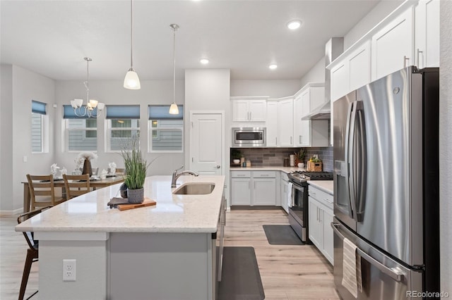 kitchen featuring appliances with stainless steel finishes, sink, white cabinets, hanging light fixtures, and a center island with sink