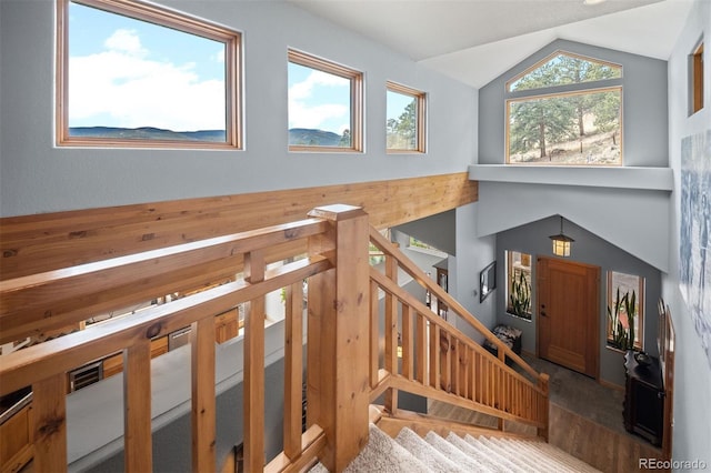 staircase featuring vaulted ceiling