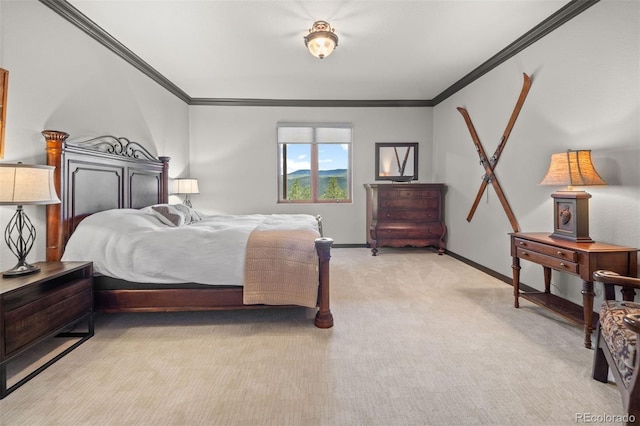 bedroom featuring baseboards, light colored carpet, and ornamental molding